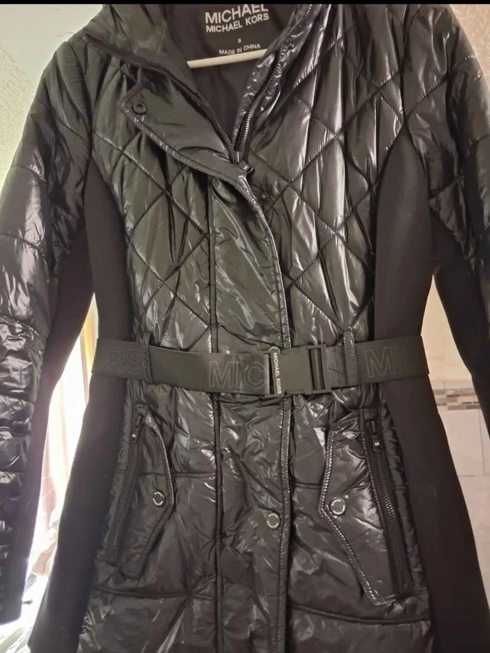 Black Quilted Belted Women's Coat